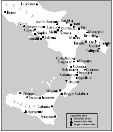 Distribution of Jews in southern Italy in the second half of the 12th century.