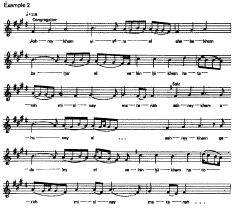 Example 2. Ashreikhem Yisrael, hymn for the Simat Torah ( Sefer Moadim, part 2, p. 250). Recorded in Israel and transcribed by S. Hofman.