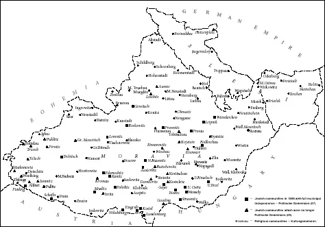 Jewish Communities in Moravia before World War I. After Th. Haas, Die Juden in Maehren, 1908.